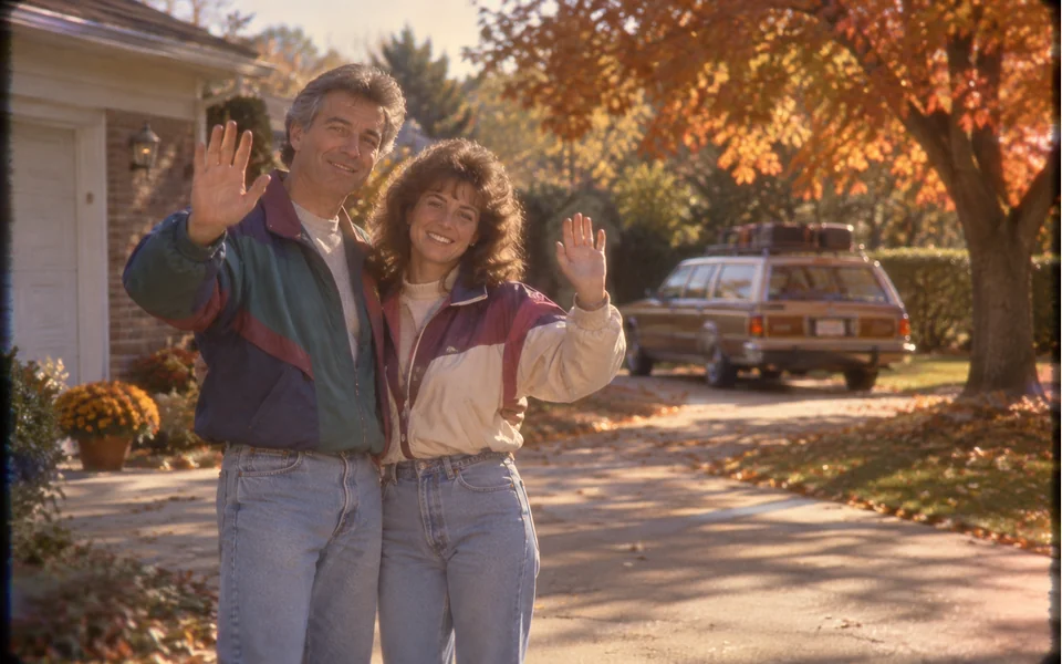 AI editorial illustration: Two adults waving on a nostalgic suburban driveway.