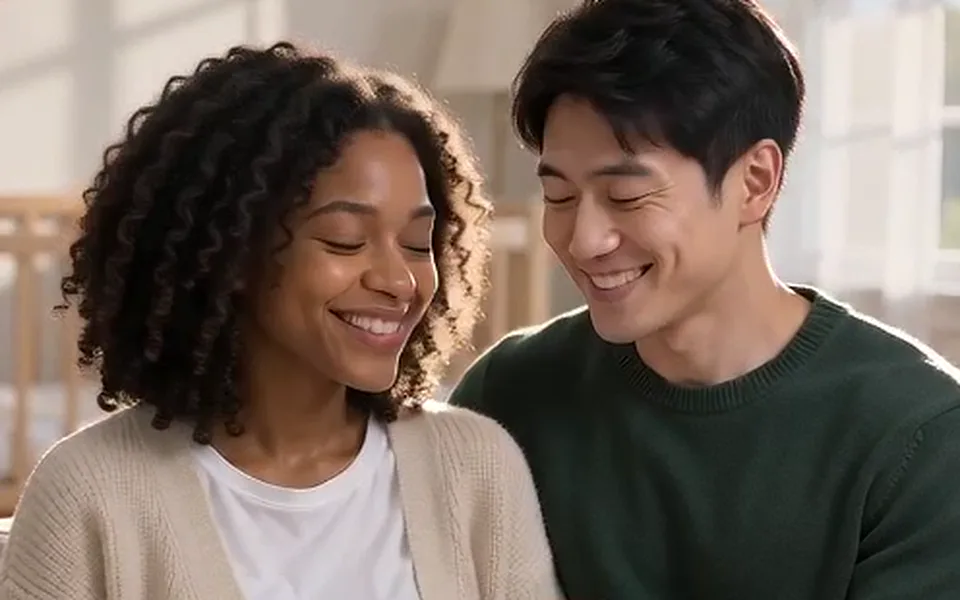 Frame from our demo: the parents glance at each other and smile.