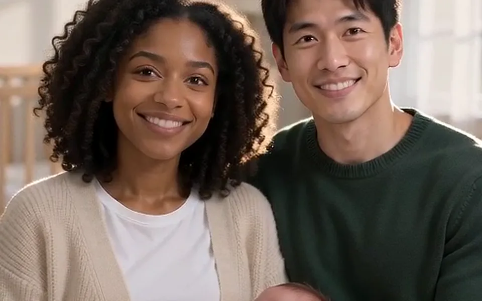 Frame from our demo: the couple smiles at the camera with the baby.