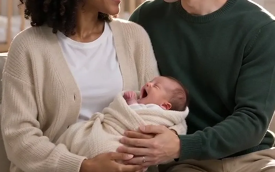 Frame from our demo: a newborn swaddled in a pale knitted blanket.