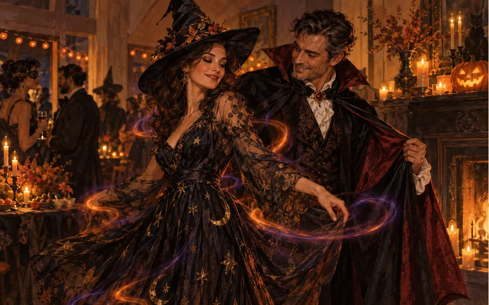 AI editorial illustration: Two adults in costumes at a candlelit house party.