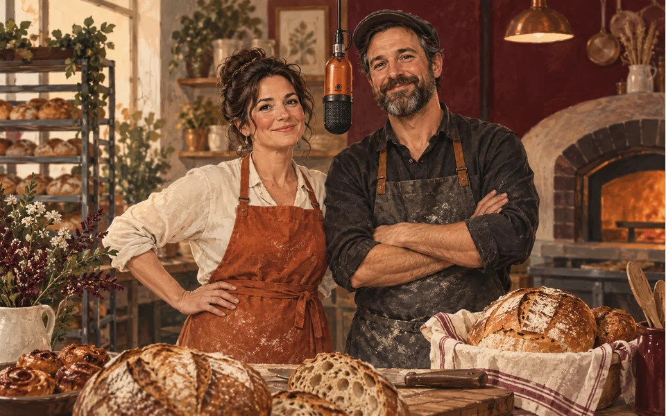 AI editorial illustration: Two bakery owners beside bread and a hanging microphone.