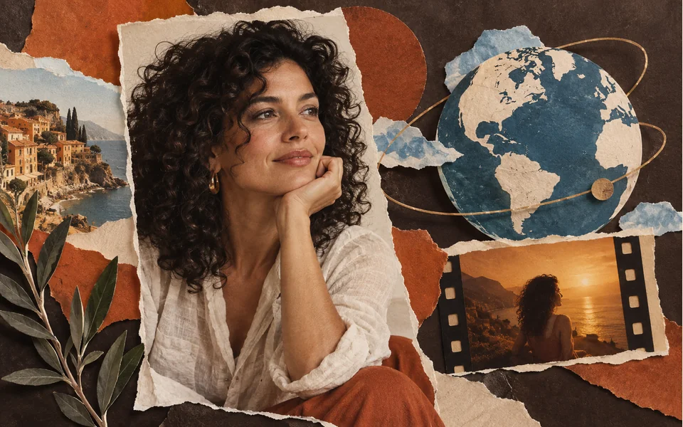 AI editorial illustration: A portrait, a paper globe and a film frame in a tactile collage.
