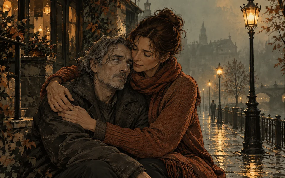 AI editorial illustration: A gentle embrace on a foggy street, one face imagined as a zombie.