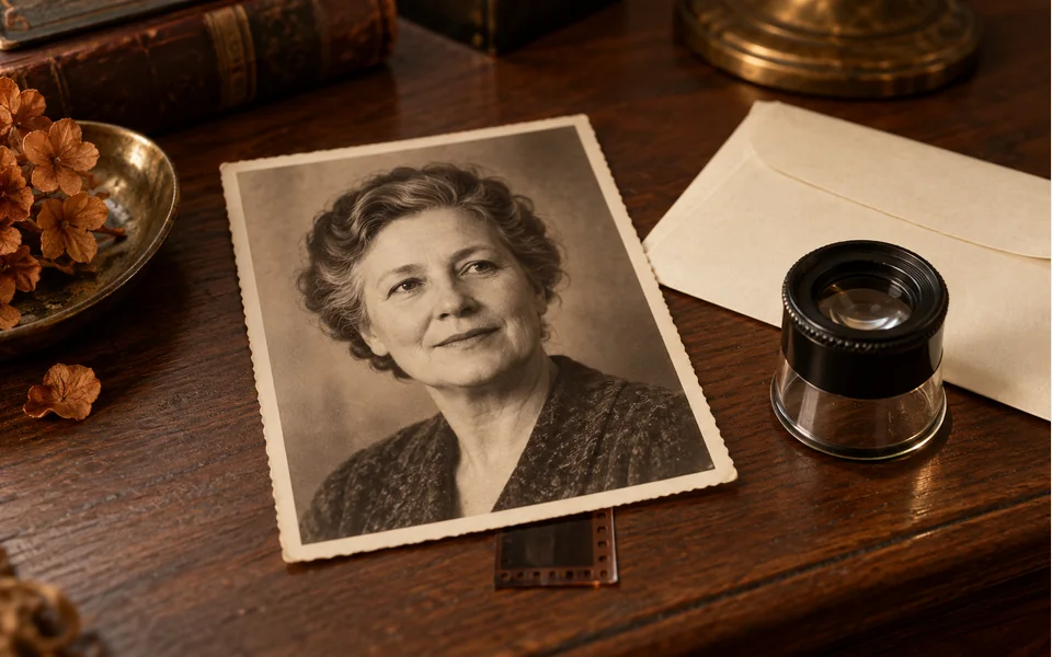 AI editorial illustration: A sepia portrait print beside a loupe on a wooden desk.