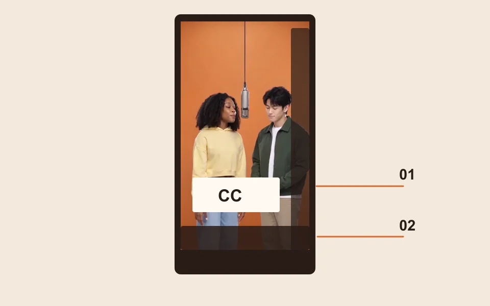 01: put captions below faces. 02: leave room for the app’s bottom text and right-side controls. Placement diagram; check the actual app preview.