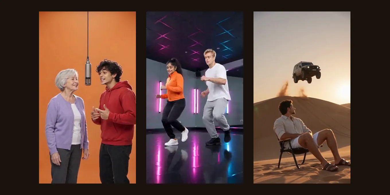 One frame from each of three of our own renders: the Hotel Lobby booth, the AI dance and the car jump.