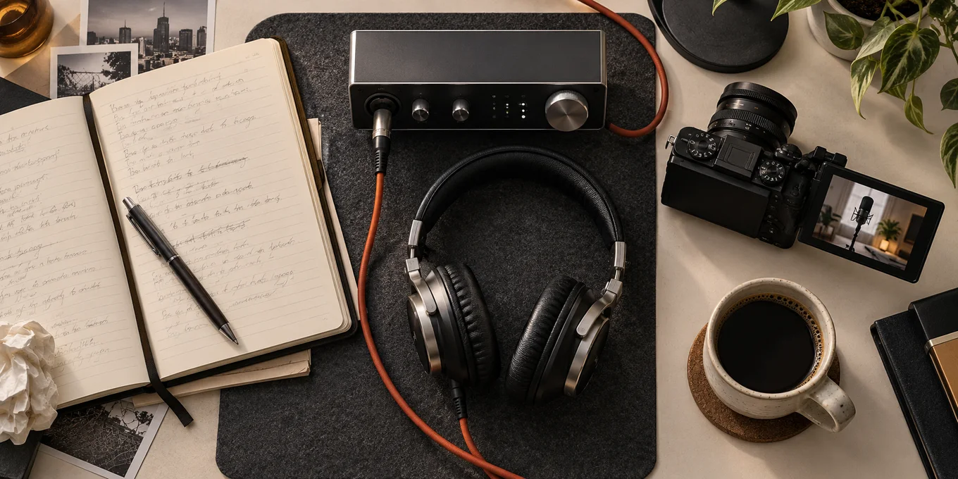 A notebook, audio equipment and a camera represent lyrics, songs and video.