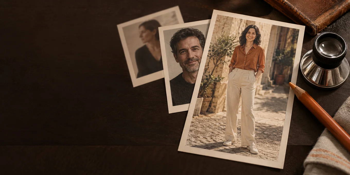 A selection of clear adult portrait prints, with a loupe and pencil.