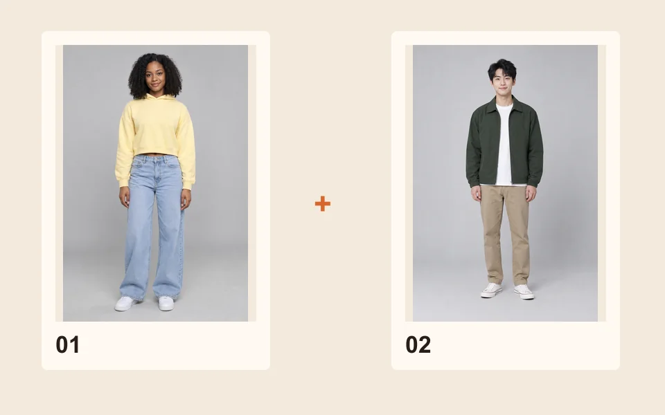 Two clear reference portraits of fictional adults. A photo-selection diagram, not a comparison test of generated results.