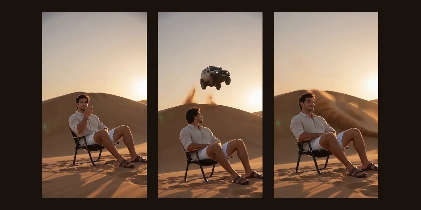Three frames from our car jump test render: a man sits calm in a camp chair while an off-road car flies off a dune behind him.