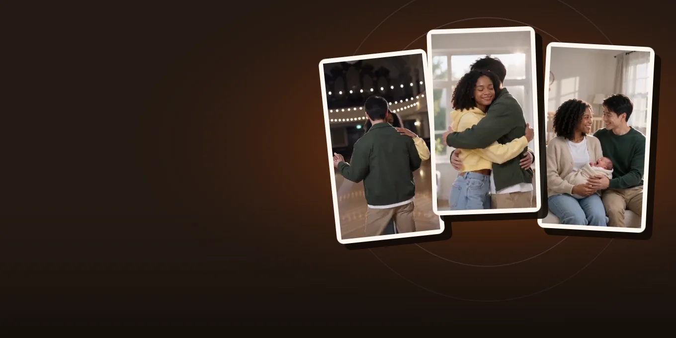 Three frames from our own effect demos: a couple’s slow dance, the same couple holding a newborn, and a long hug.