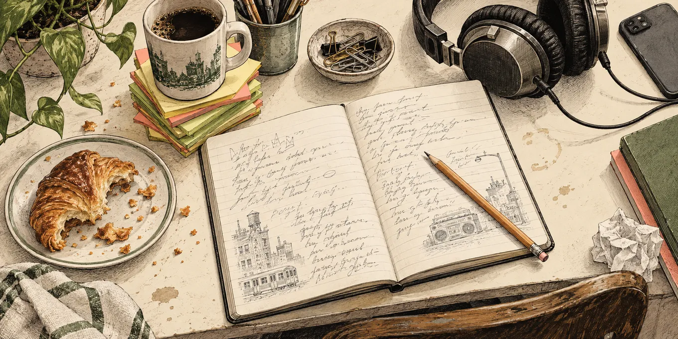 Pen-and-ink drawing of a lyric notebook, coffee and headphones.