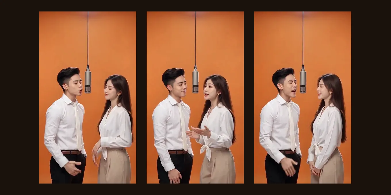 Three frames from one of our own Hotel Lobby AI renders: two AI-made people in the orange booth under the hanging mic.