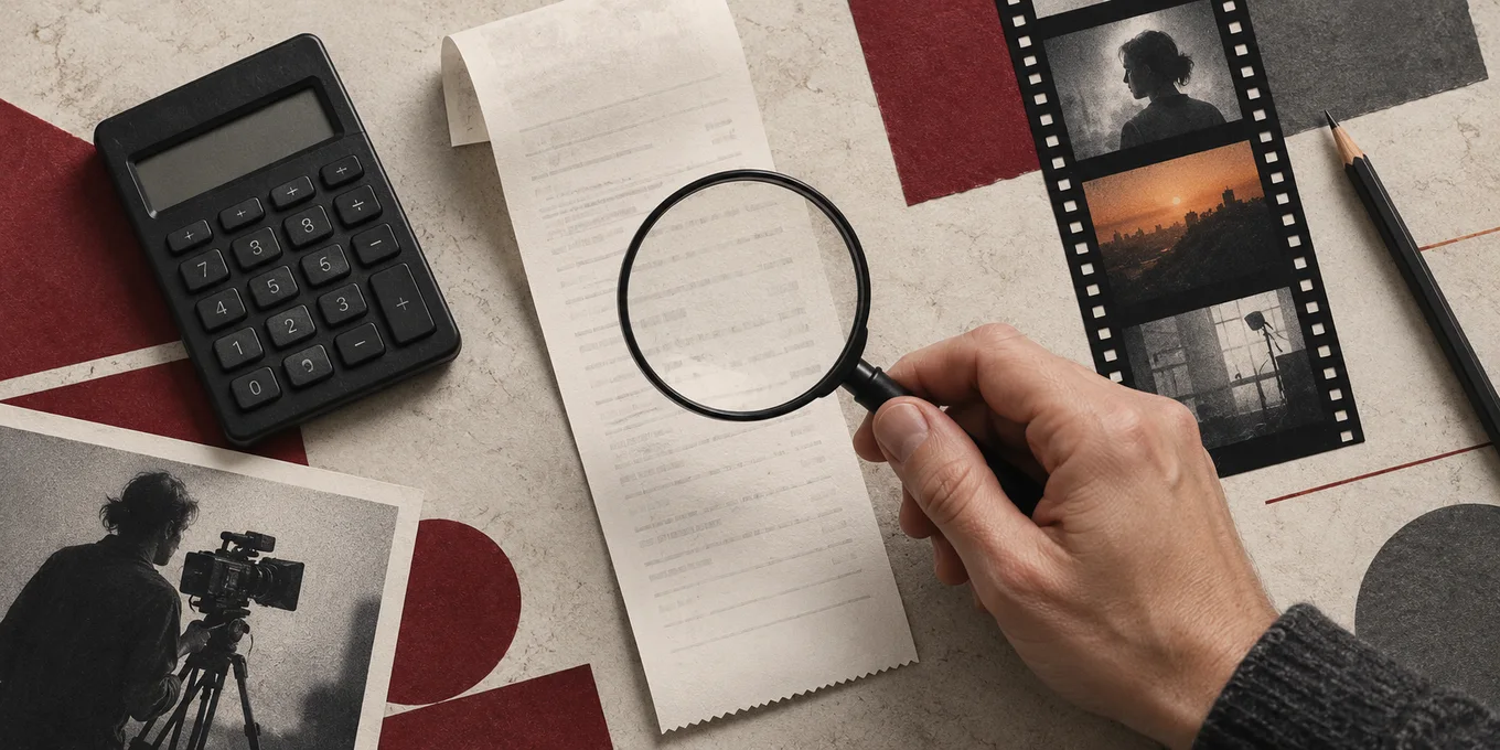 A calculator, receipt and magnifying glass illustrate checking video costs.