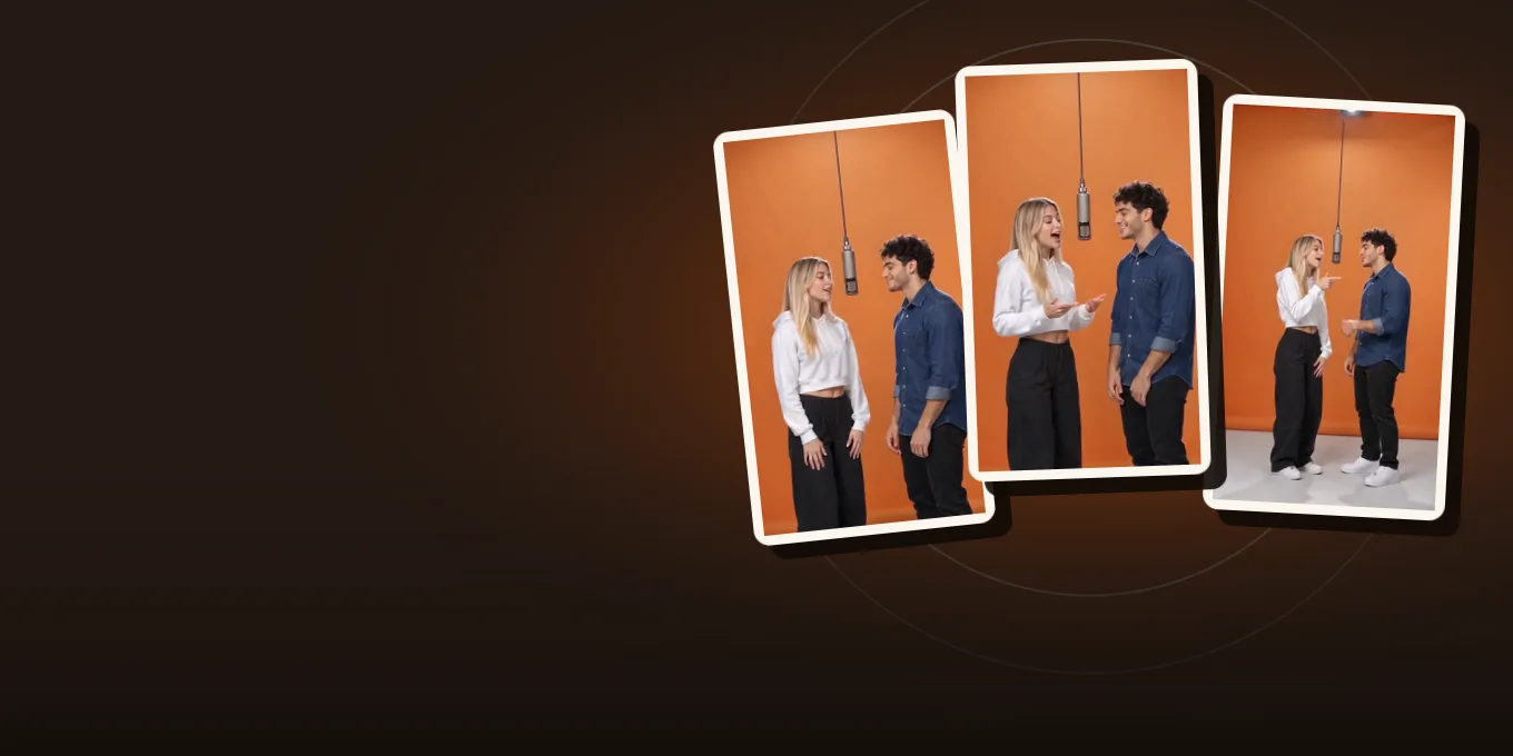 Three frames from our own rap duo render: an AI-made woman and man in the orange booth, each keeping their own face and clothes.