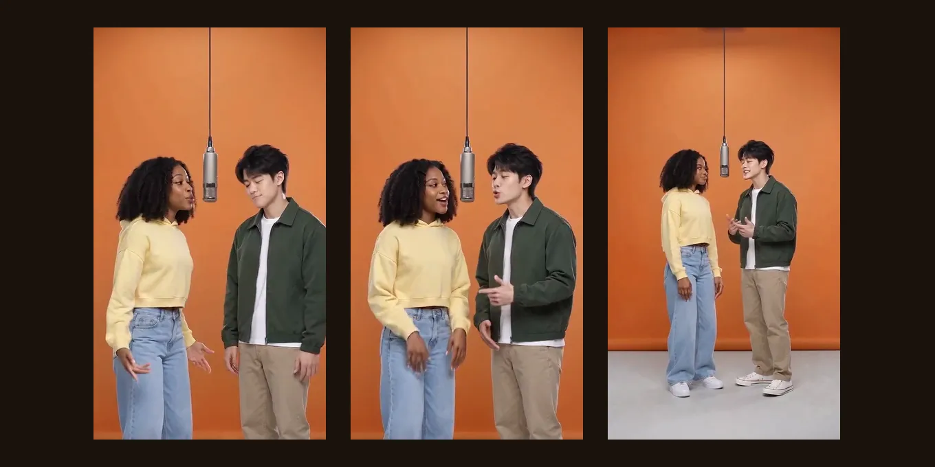 Three frames from one of our own AI rap renders: two AI-made friends in the orange booth under the hanging mic.