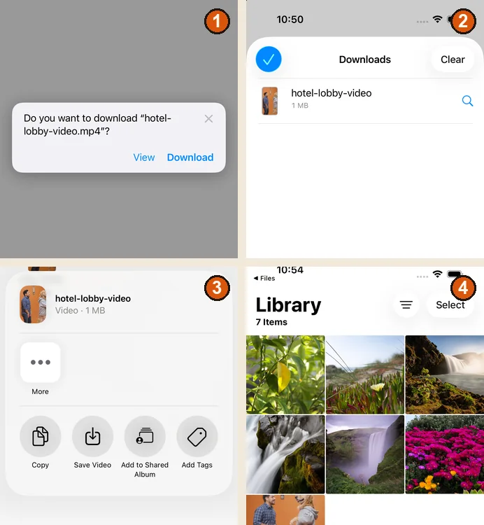 Saving to Photos on iPhone: 1 Safari asks to download, 2 the file in Downloads, 3 Share then Save Video, 4 the video in Photos. iOS 26.5 simulator.