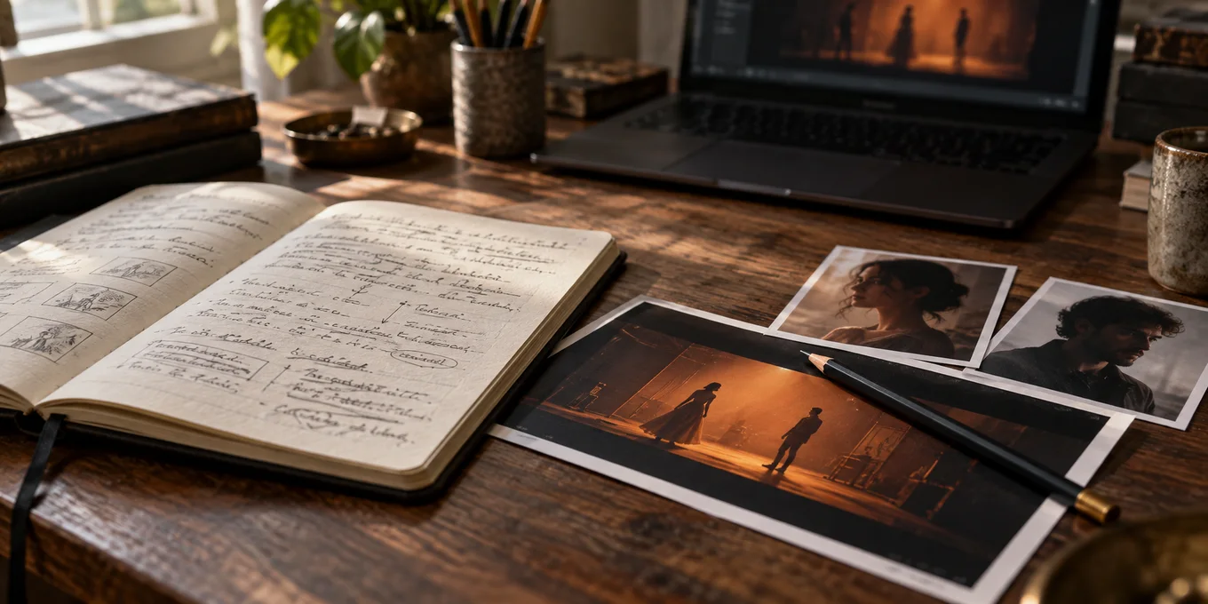 A notebook of directions beside reference portraits and a stage photo.