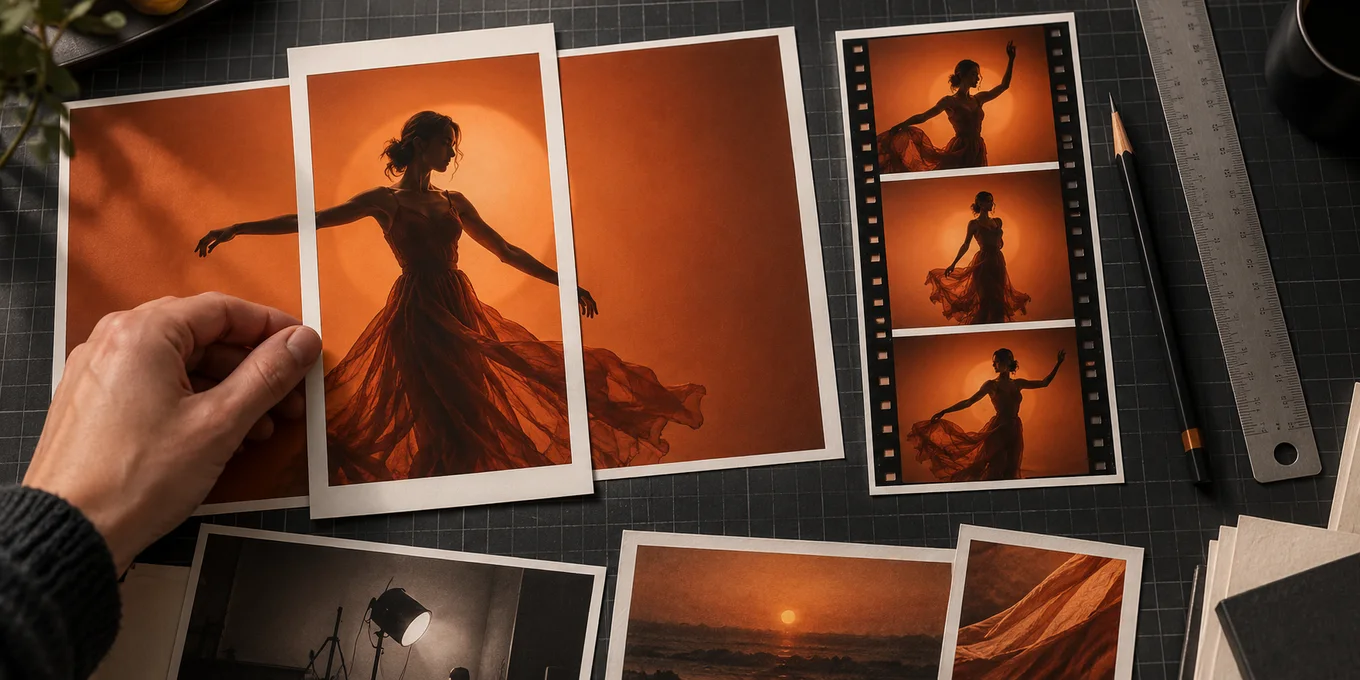A vertical crop window over a wide photograph beside sequential film frames.