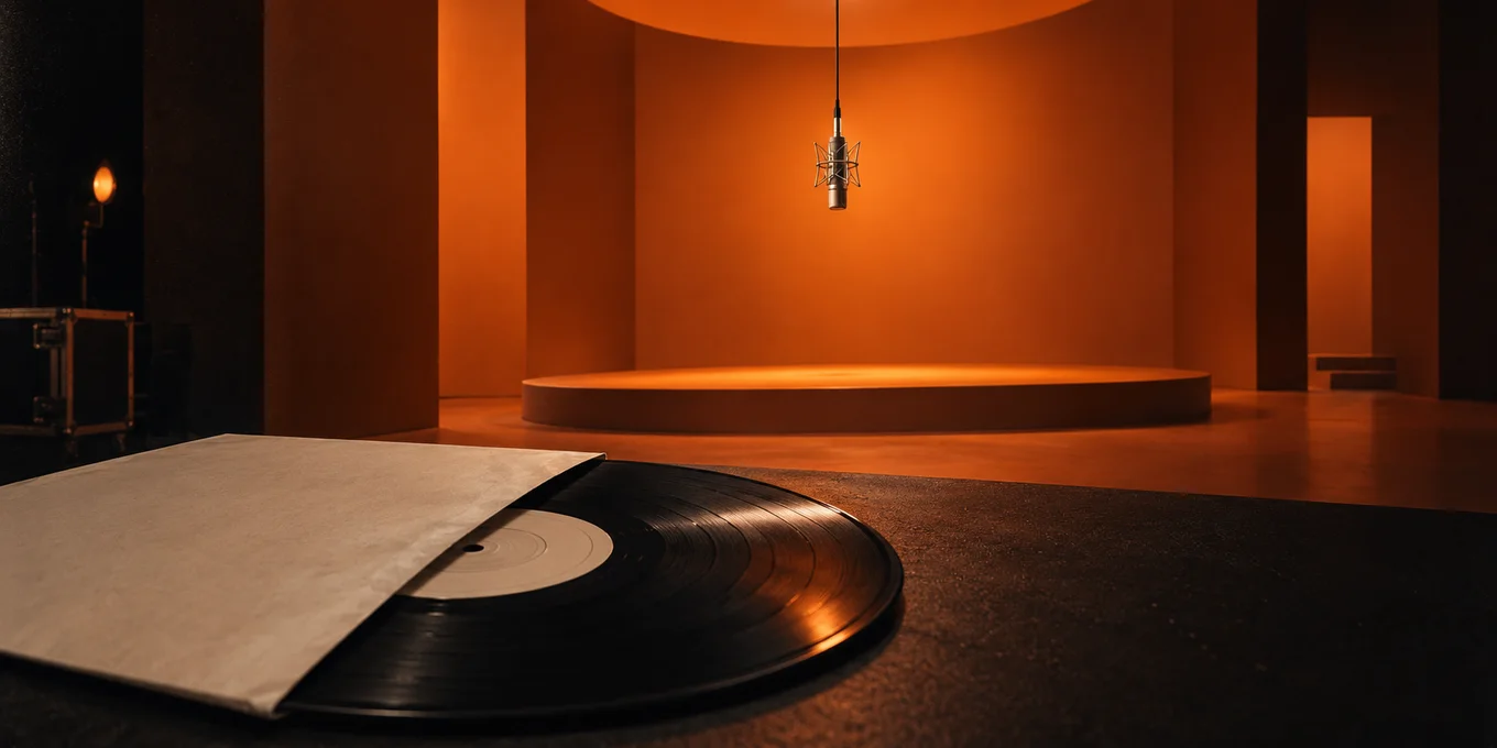A vinyl record in front of an empty orange stage and microphone.