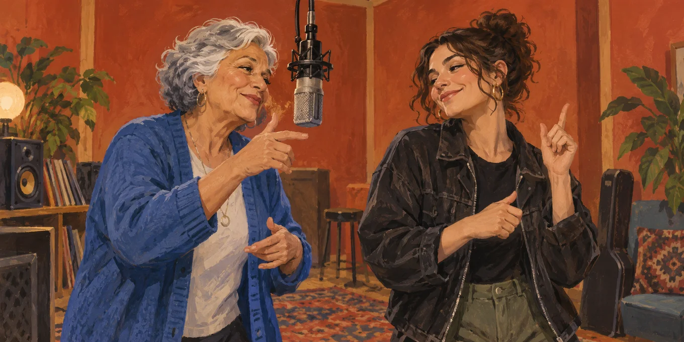 Gouache illustration of a grandmother and adult granddaughter at a microphone.