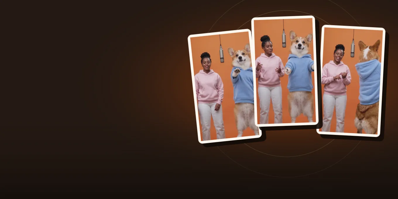 Three frames from our own Wan 3.0 test render: an AI-made woman and a corgi standing on its hind legs in the orange booth.