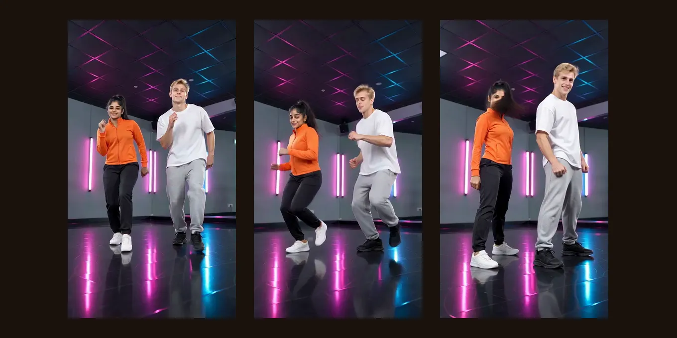 Three frames from our Dance demo: two AI-made adults dance head to toe in a neon studio with a glossy floor.