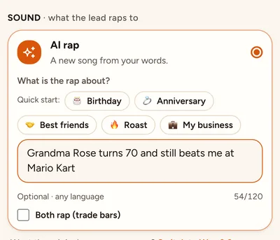 The AI rap topic box on the birthday page: quick-start buttons, up to 120 characters in any language, and the Both rap option.