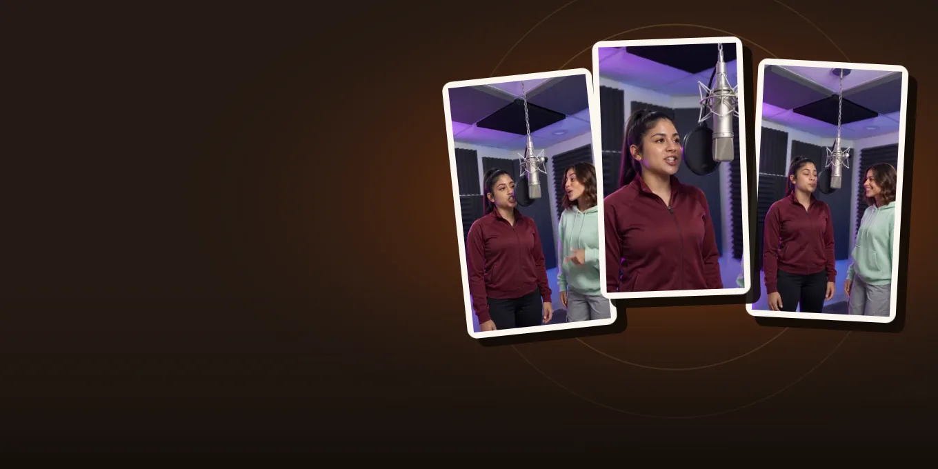 Three frames from our own AI rapper render: an AI-made woman raps into a studio mic in a purple-lit booth.