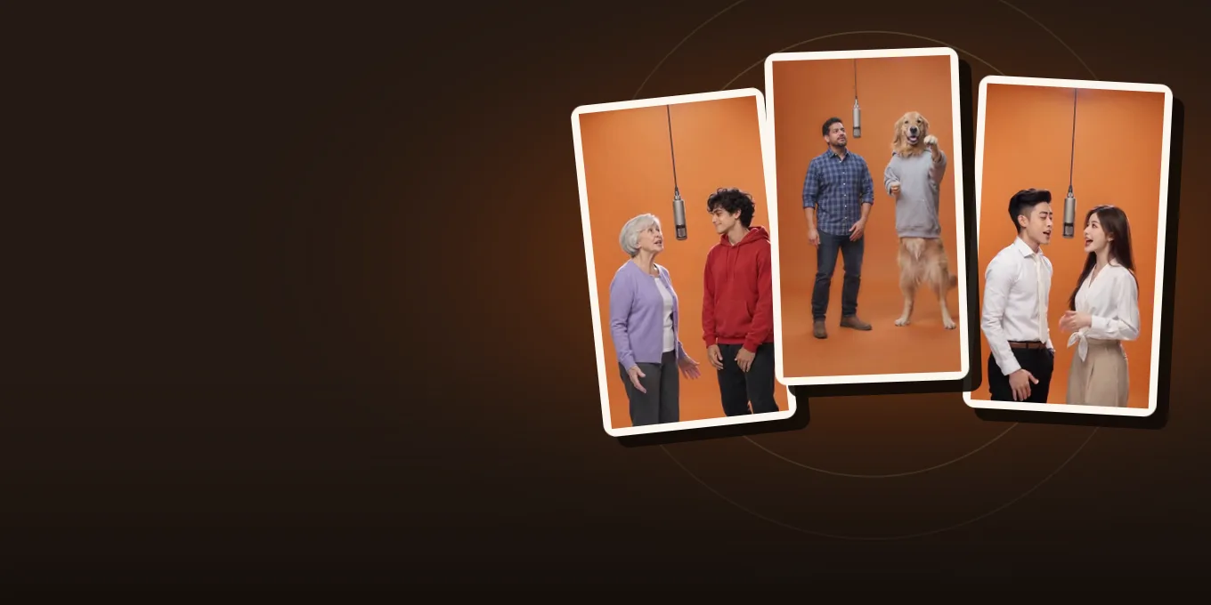 Three frames from our own vertical renders made for phones: a grandmother and grandson, a young couple, and a man with a golden retriever.