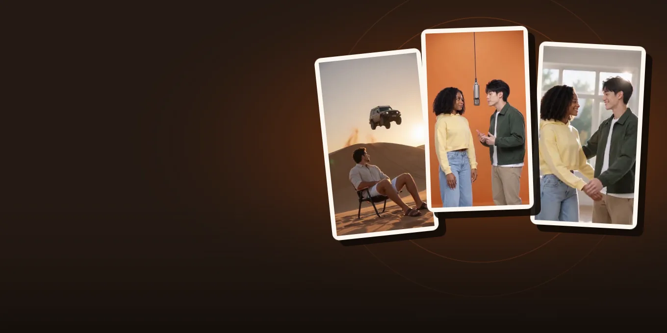 Three frames from our own renders: a car flies off a dune behind a calm man, a long hug, and two best friends rapping.