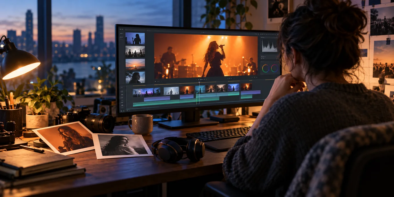 A creator reviews a performance and timeline at a video-editing desk.