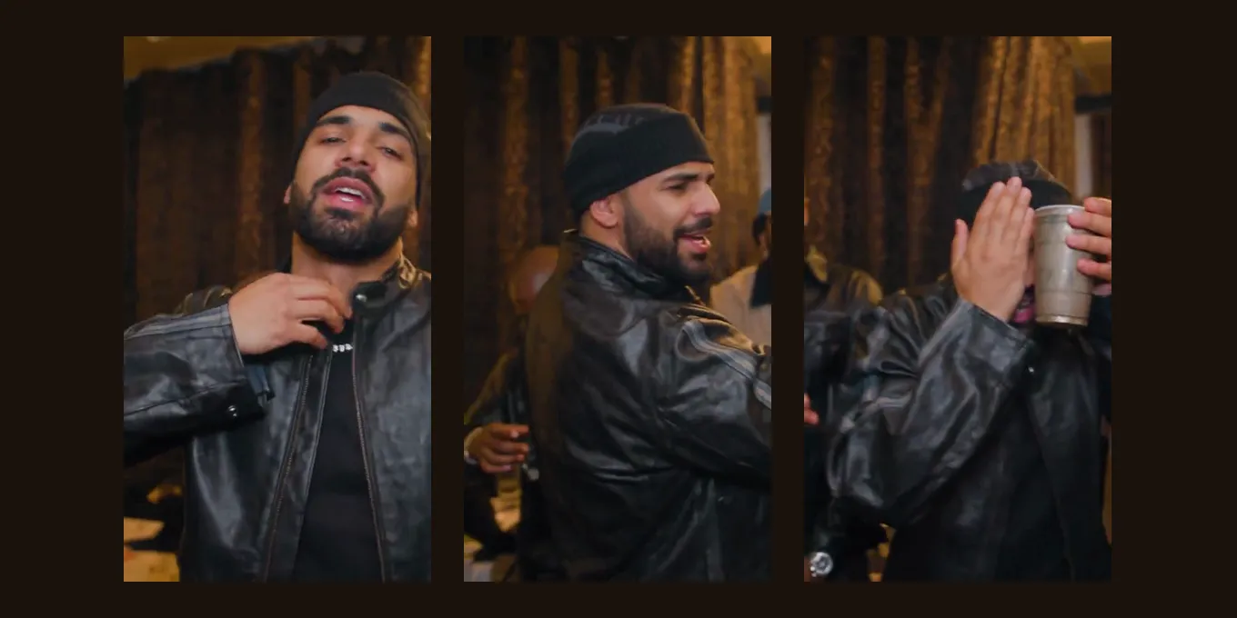 Three frames from our Burning Bridges AI demo: a man from an AI-made photo in the chandelier party scene, ending with a hand over his eyes.