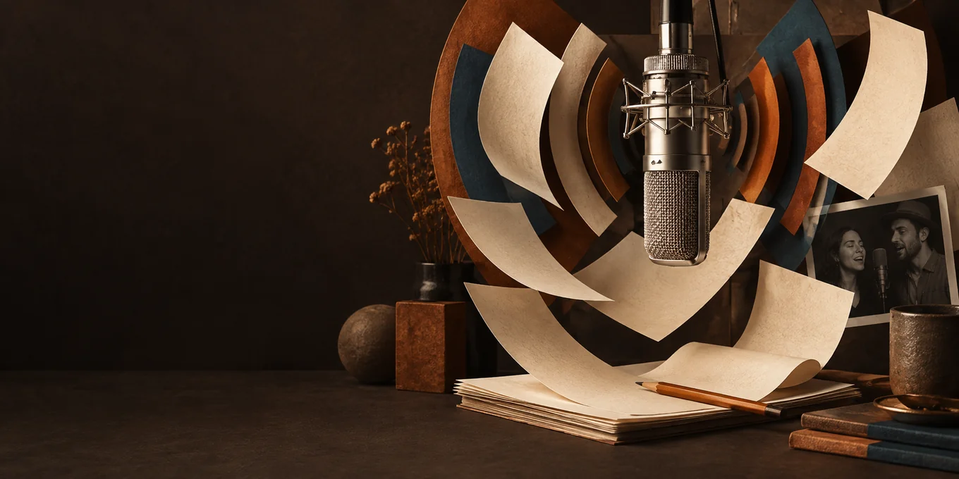 Paper ribbons and a recording microphone form an editorial collage.
