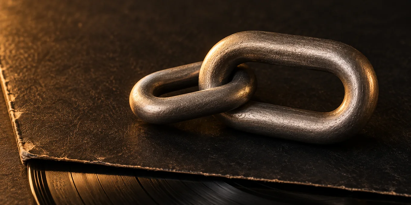 Two interlocking metal links on a record sleeve symbolize family ties.