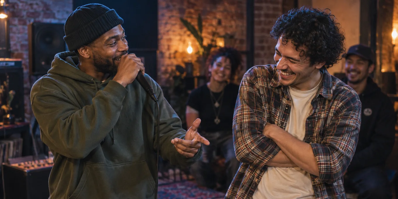 Two friends laugh during a friendly open-mic rap exchange.