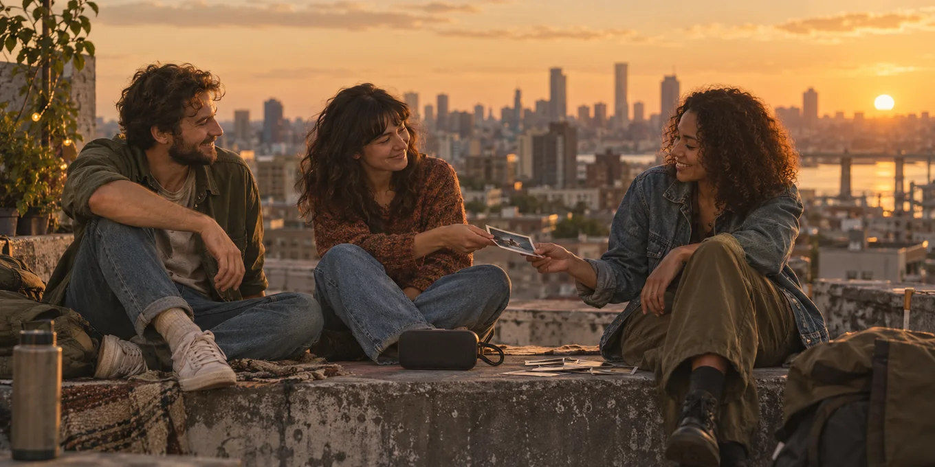 Three friends listen to music and share a photograph on a rooftop.