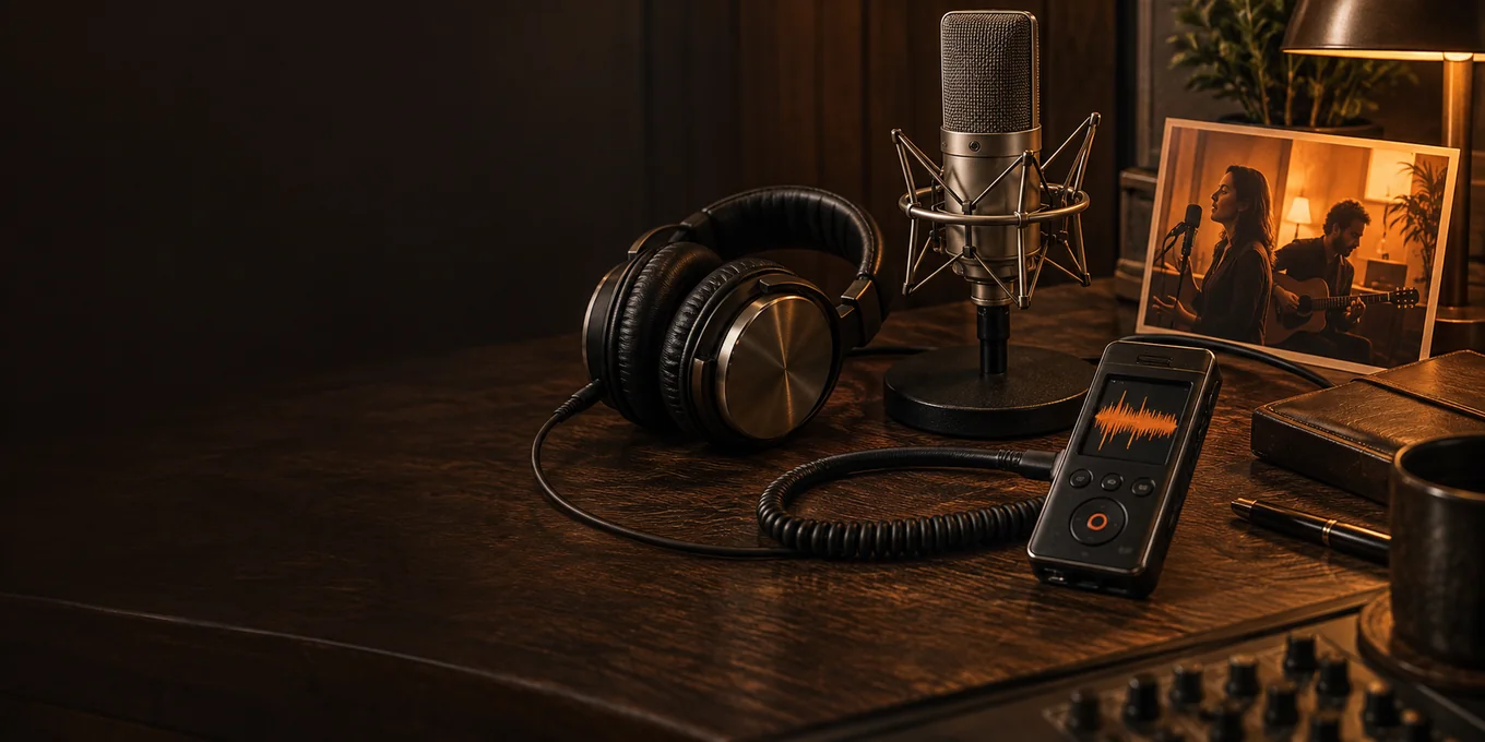 A voice recorder, headphones and microphone on a warm wooden desk.