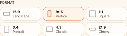 The format selector shows the available shapes. This Seedance example has 9:16 selected; available formats depend on the model.