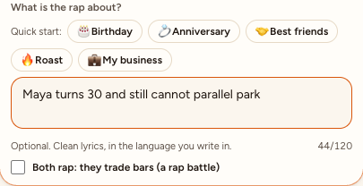 For an AI rap, give a name and one specific detail. This is the topic field, not the full video prompt.
