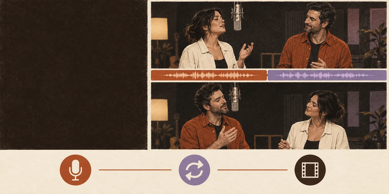 Two illustrated storyboard frames show the same woman and man switching the lead position between separate clips.