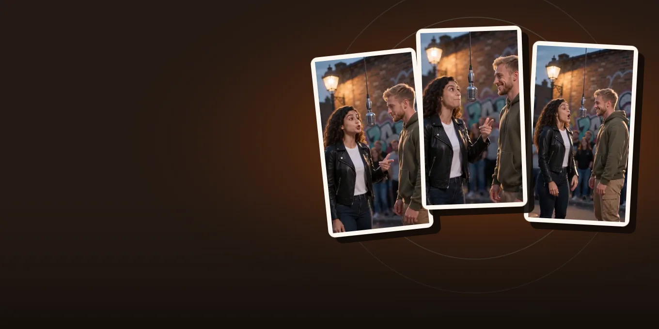 Three frames from our own rap battle test render: an AI-made woman and man face off at a street cypher under a hanging mic.