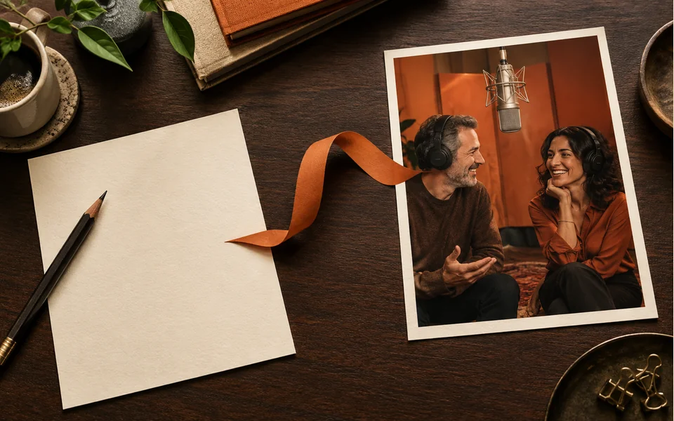 AI editorial illustration: A writing card connected to a photograph of two studio performers.