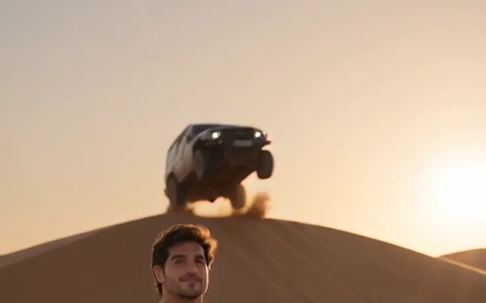 Frame from our demo: a man sits in a camp chair on the dunes and snaps his fingers.