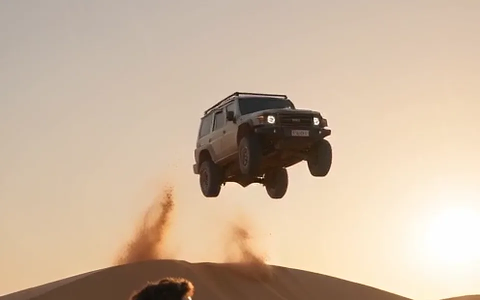Frame from our demo: the car flies off the crest of a dune with sand spraying.