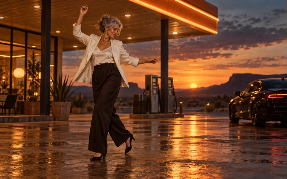 AI editorial illustration: A dancer under an amber gas station canopy beside a dark car.