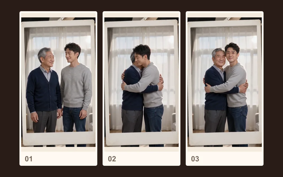 Frames from our published demo: A long, gentle hug.