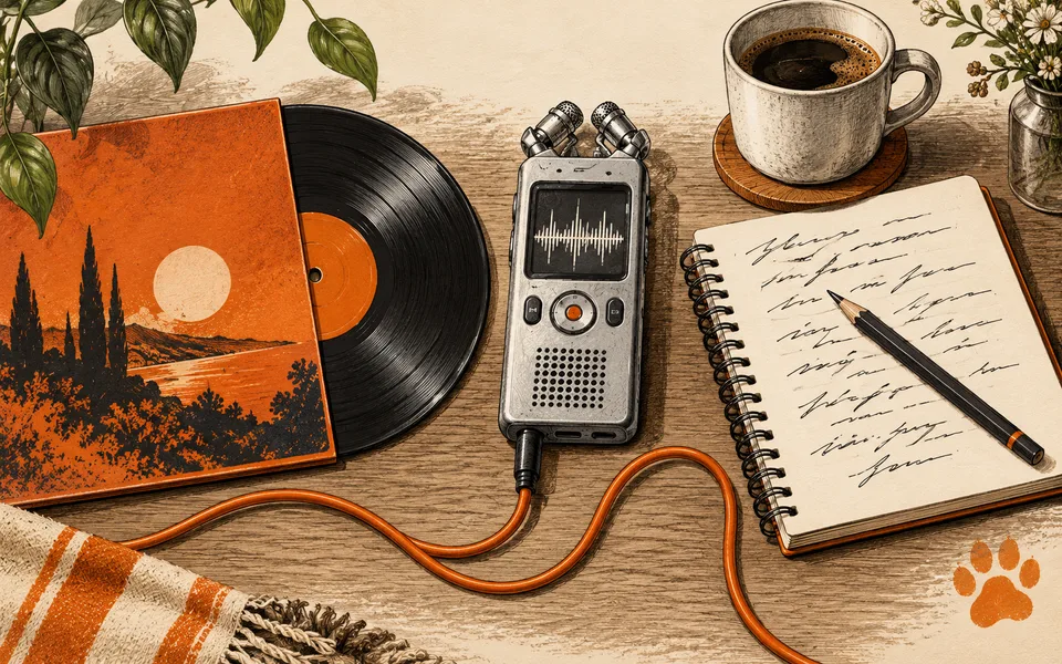 Illustration: a vinyl record, voice recorder and lyric notebook represent three sound choices.