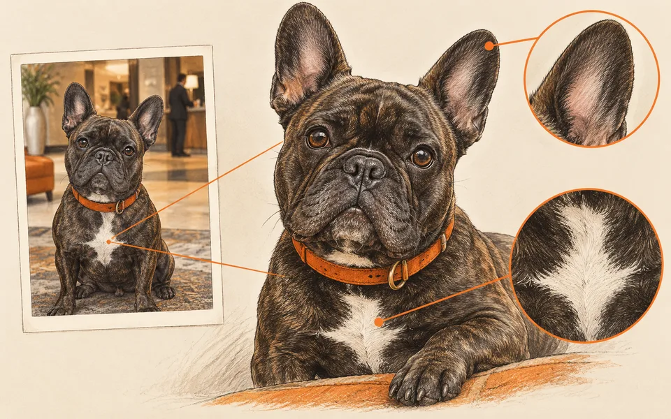 Illustration: a dog's portrait is compared with close-up details of its ears, fur and chest marking.